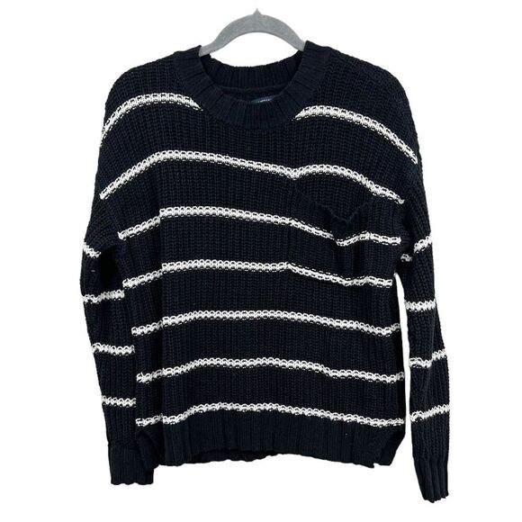 American Eagle Sweater Stretch Stripe Black White Crew Neck‎ Pocket Women Size S - Picture 1 of 5